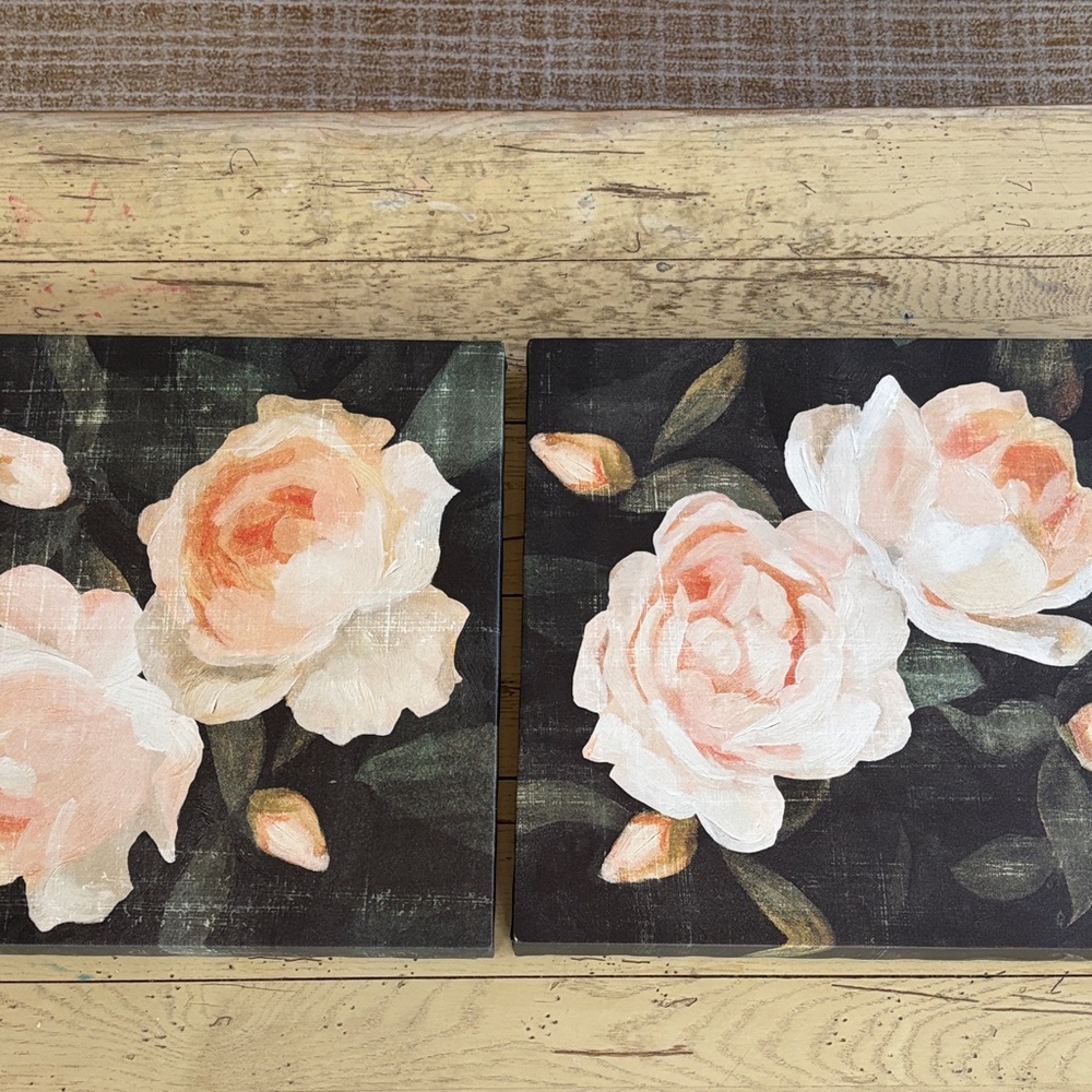 Set of 2 Floral Coral & Green Tones Canvas Art Print